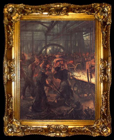 framed  Adolph von Menzel Das Eisenwalzwerk,Ausschnitt:Einschieben des Blockes in das Walzwerk, ta009-2